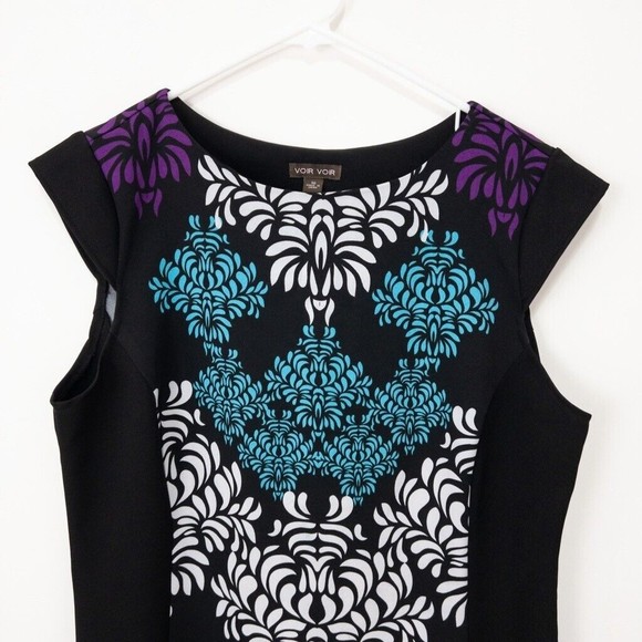 Voir Voir Womens Shift Dress‎ Black Damask Stretch Jewel Neck Cap Sleeve 10 - Picture 2 of 5